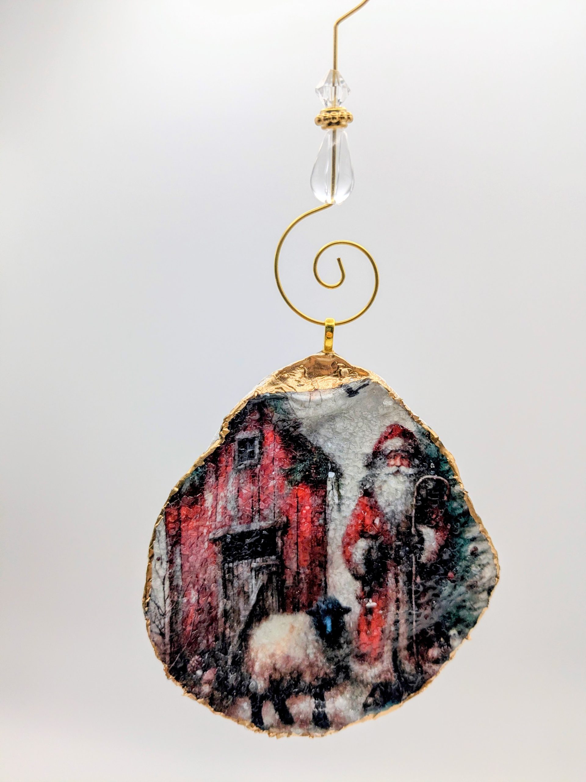 Diamond Dusted Folky Santa With Sheep On An Oyster Shell