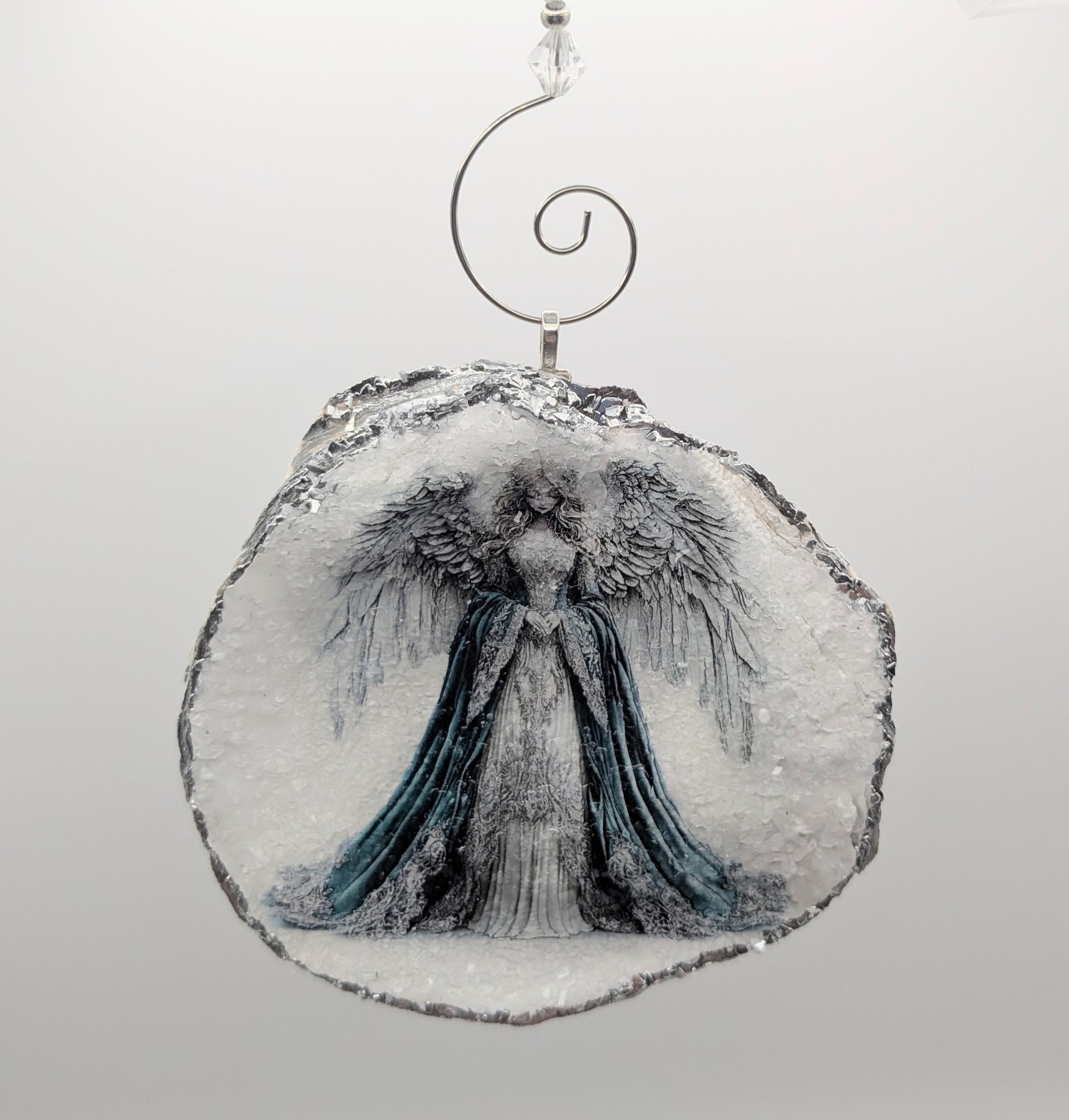 Diamond Dusted Teal Angel On An Oyster Shell